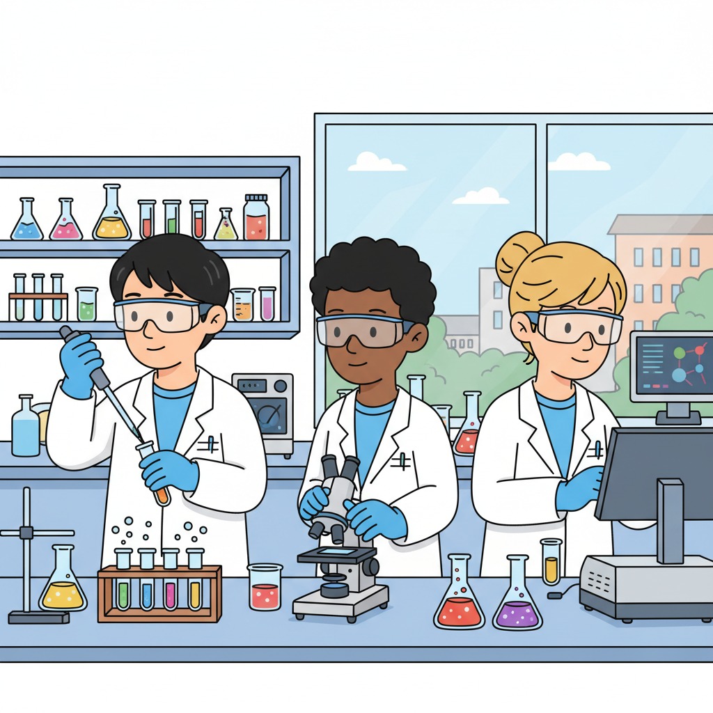 Three scientists in lab coats and safety goggles work together in a laboratory with various glassware and equipment.